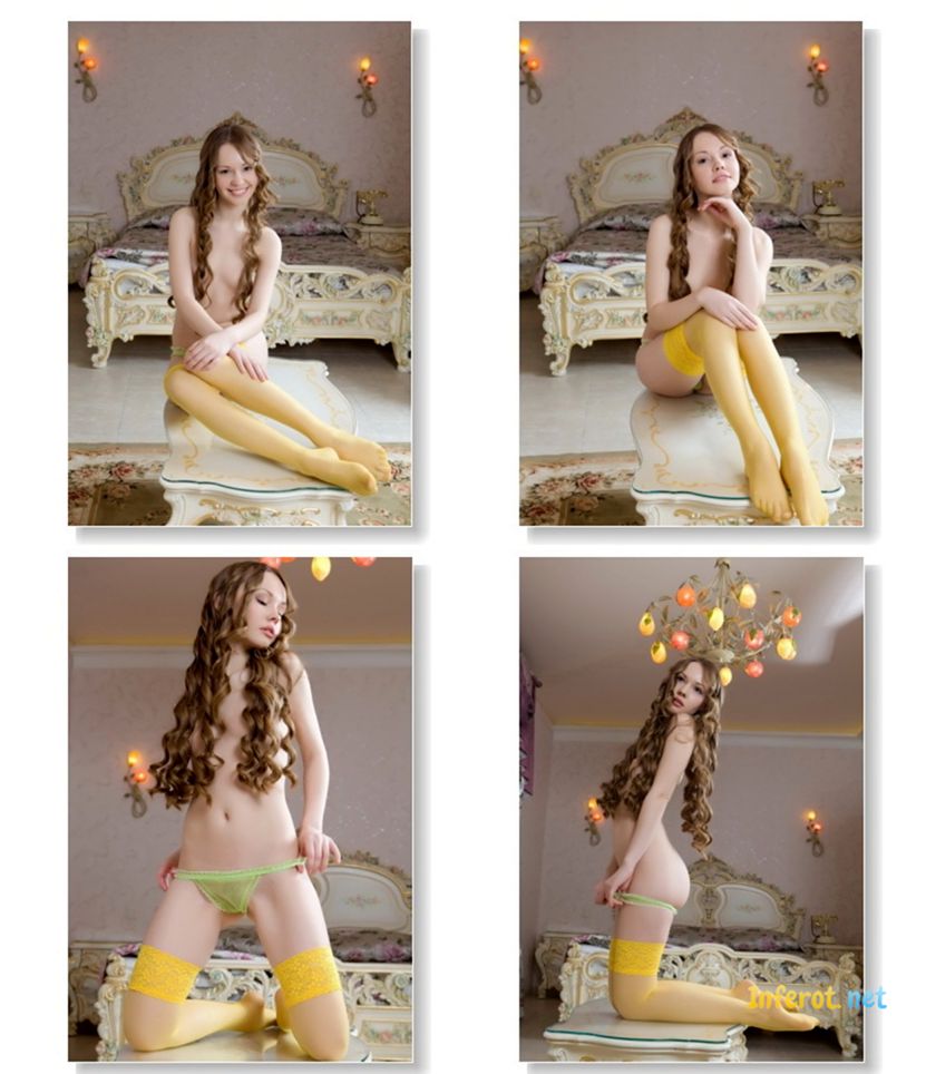 Красивая голенькая девушка в желтых чулочках позирует в роскошной комнате (20 фото)
